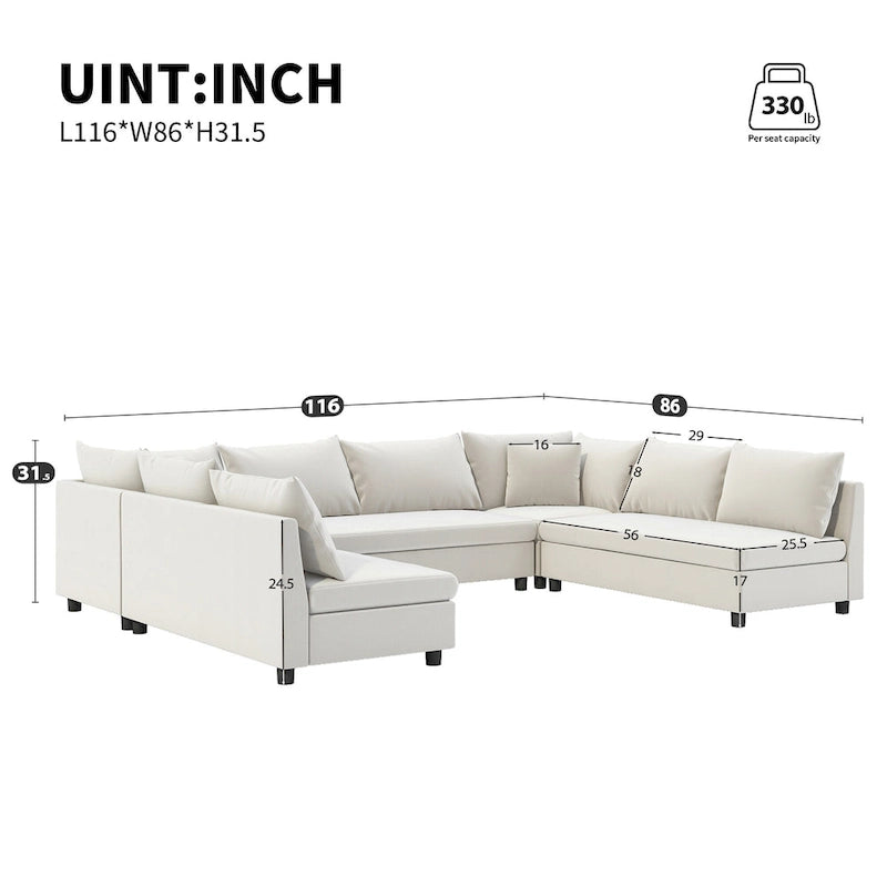 Canapé modulaire sectionnel en forme de U en chenille 116, 8 places