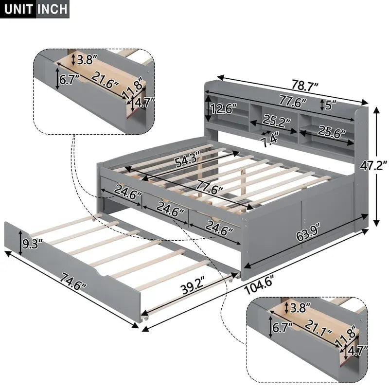 Lit plateforme capitaine en bois, format double, avec étagères intégrées, trois tiroirs de rangement et lit gigogne