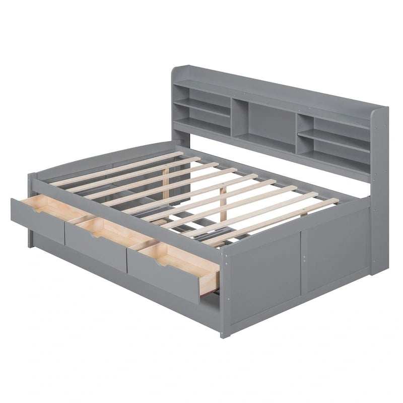 Lit plateforme capitaine en bois, format double, avec étagères intégrées, trois tiroirs de rangement et lit gigogne
