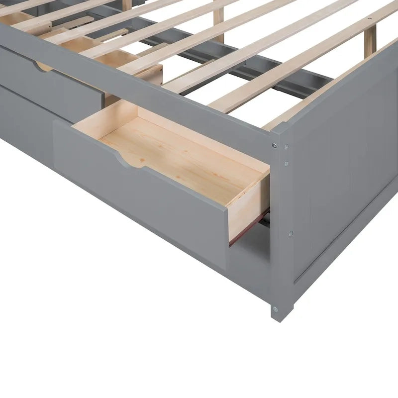 Lit plateforme capitaine en bois, format double, avec étagères intégrées, trois tiroirs de rangement et lit gigogne