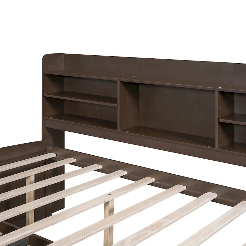 Lit plateforme capitaine en bois, format double, avec étagères intégrées, trois tiroirs de rangement et lit gigogne