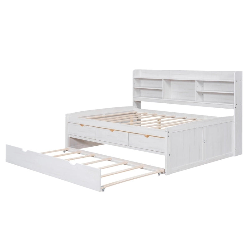 Lit plateforme capitaine en bois, format double, avec étagères intégrées, trois tiroirs de rangement et lit gigogne