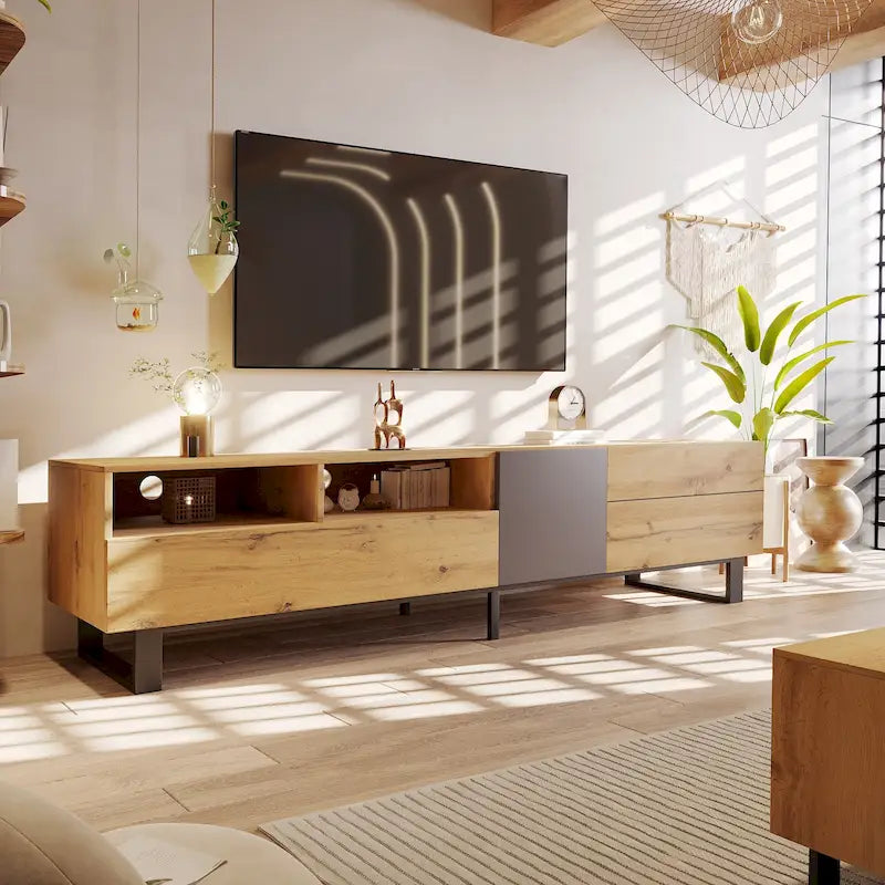 Meuble TV de 70,9 po avec double espace de rangement et porte abattante pour téléviseurs jusqu'à 80 po