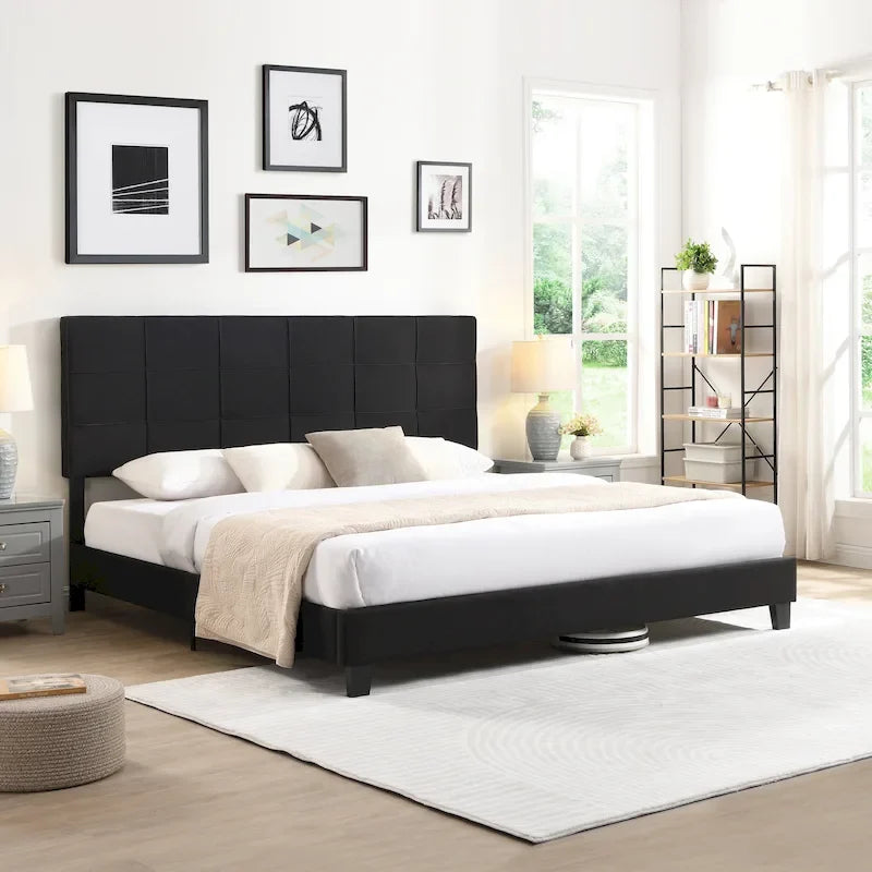 Cadre de lit plateforme King size en lin noir rembourré avec tête de lit capitonnée, support à lattes en bois, pas besoin de sommier tapissier