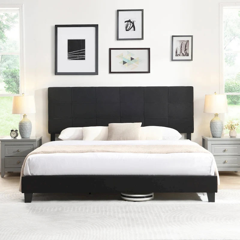 Cadre de lit plateforme King size en lin noir rembourré avec tête de lit capitonnée, support à lattes en bois, pas besoin de sommier tapissier