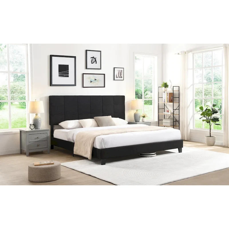 Cadre de lit plateforme King size en lin noir rembourré avec tête de lit capitonnée, support à lattes en bois, pas besoin de sommier tapissier