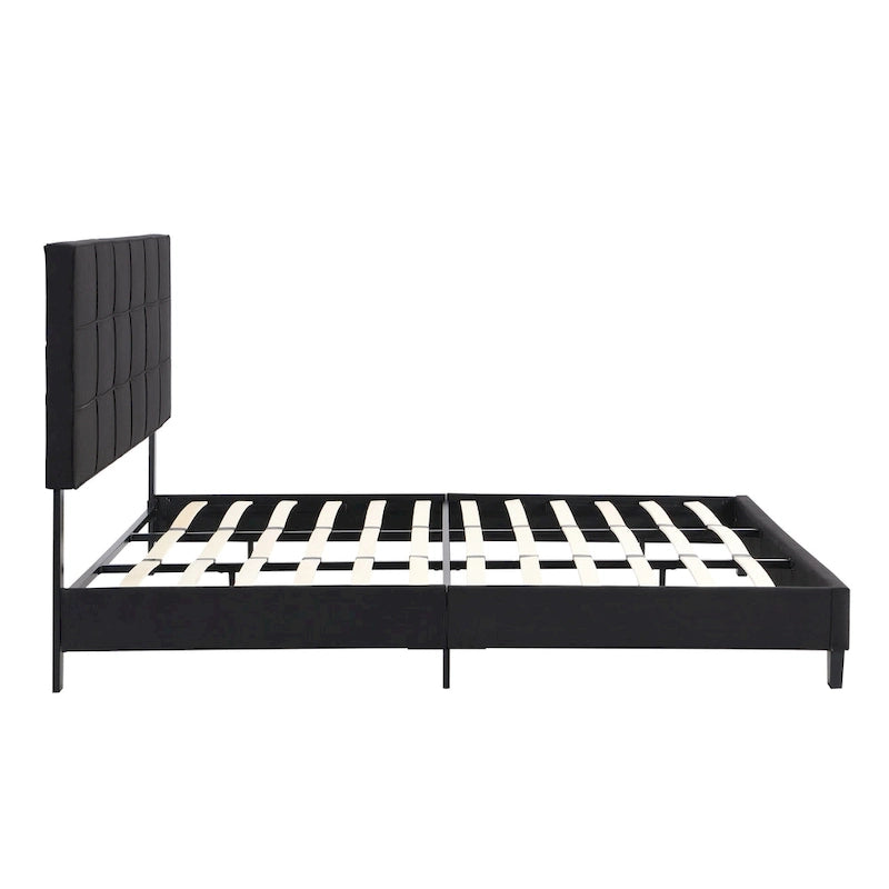 Cadre de lit plateforme King size en lin noir rembourré avec tête de lit capitonnée, support à lattes en bois, pas besoin de sommier tapissier