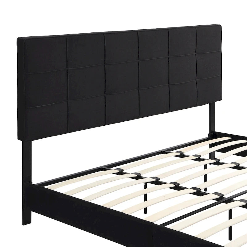 Cadre de lit plateforme King size en lin noir rembourré avec tête de lit capitonnée, support à lattes en bois, pas besoin de sommier tapissier