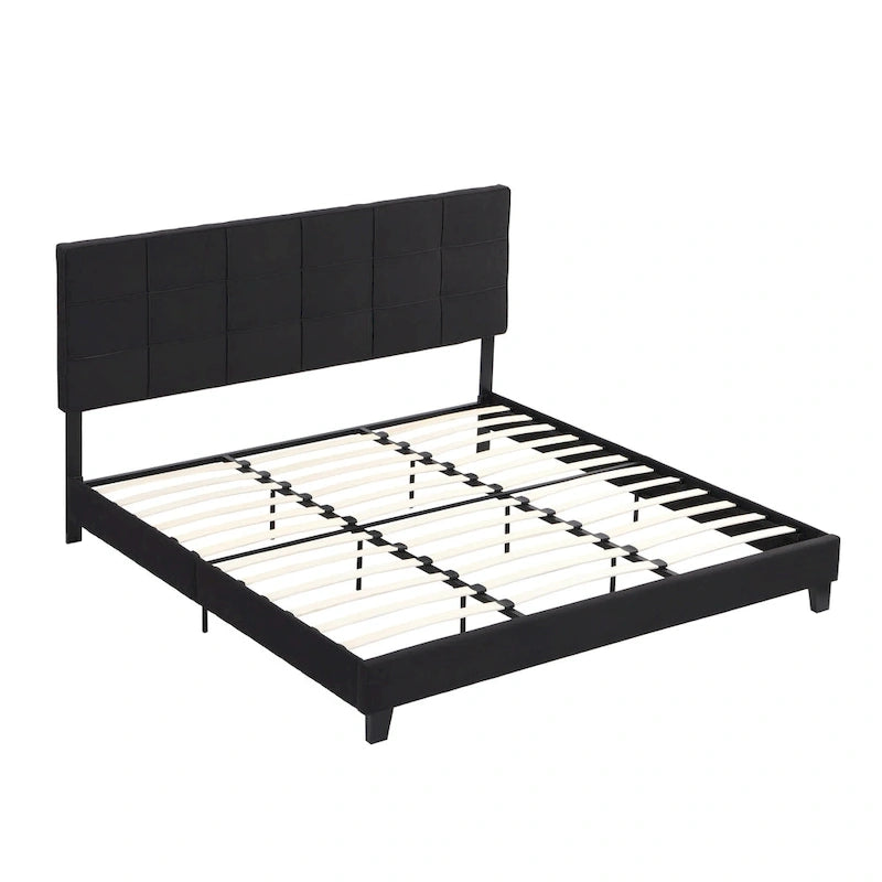 Cadre de lit plateforme King size en lin noir rembourré avec tête de lit capitonnée, support à lattes en bois, pas besoin de sommier tapissier