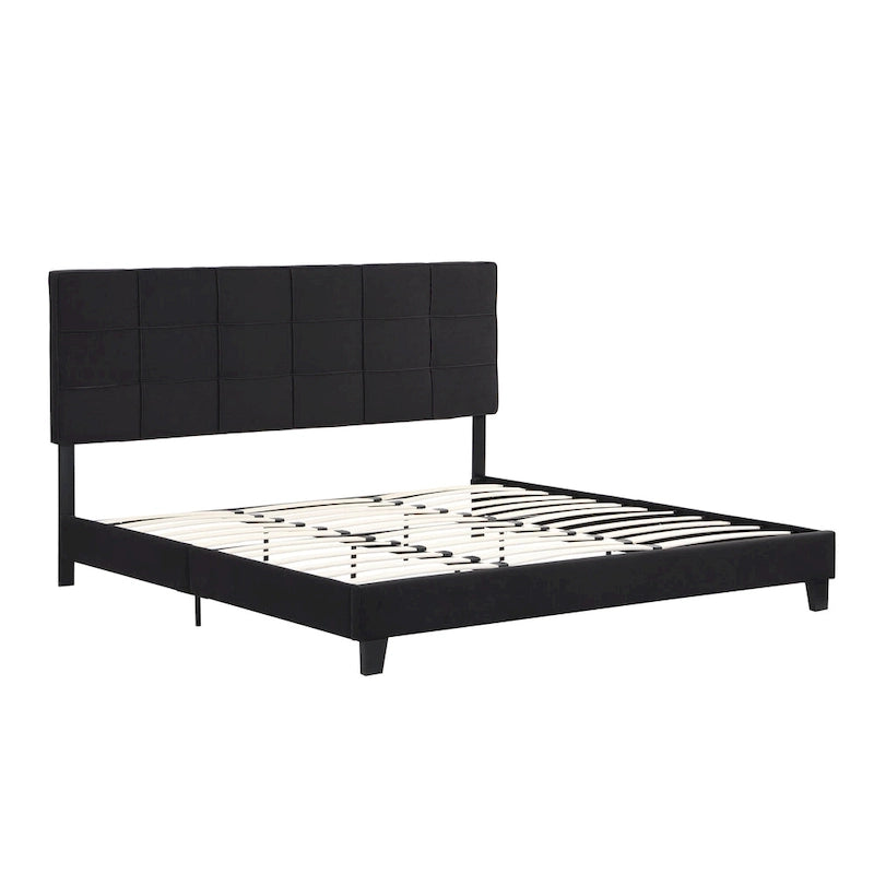 Cadre de lit plateforme King size en lin noir rembourré avec tête de lit capitonnée, support à lattes en bois, pas besoin de sommier tapissier
