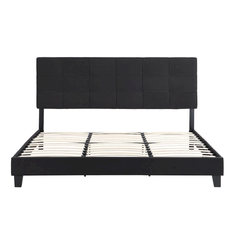 Cadre de lit plateforme King size en lin noir rembourré avec tête de lit capitonnée, support à lattes en bois, pas besoin de sommier tapissier