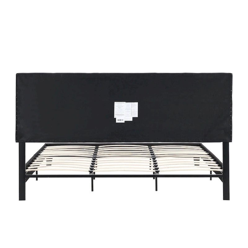 Cadre de lit plateforme King size en lin noir rembourré avec tête de lit capitonnée, support à lattes en bois, pas besoin de sommier tapissier
