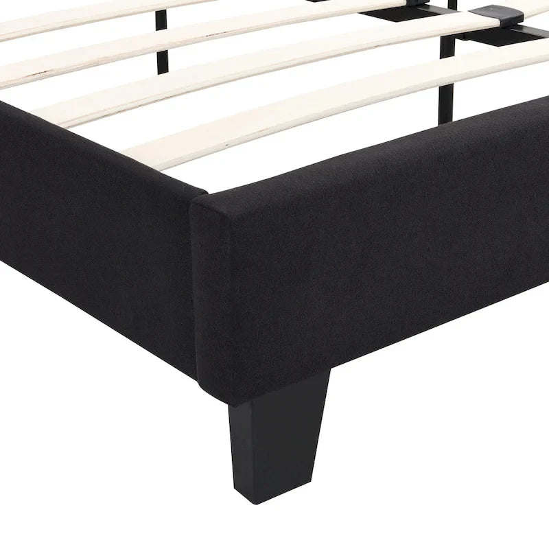 Cadre de lit plateforme King size en lin noir rembourré avec tête de lit capitonnée, support à lattes en bois, pas besoin de sommier tapissier