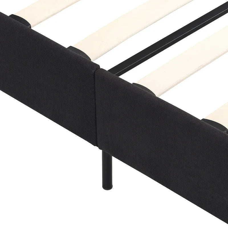 Cadre de lit plateforme King size en lin noir rembourré avec tête de lit capitonnée, support à lattes en bois, pas besoin de sommier tapissier