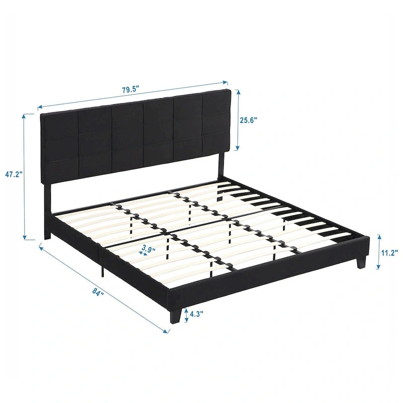 Cadre de lit plateforme King size en lin noir rembourré avec tête de lit capitonnée, support à lattes en bois, pas besoin de sommier tapissier