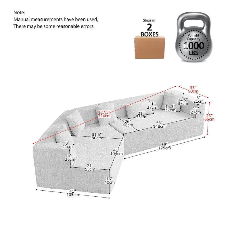 Canapé modulaire en polyester 127.5 effet nuage avec assise profonde, sans assemblage requis et design minimaliste moderne