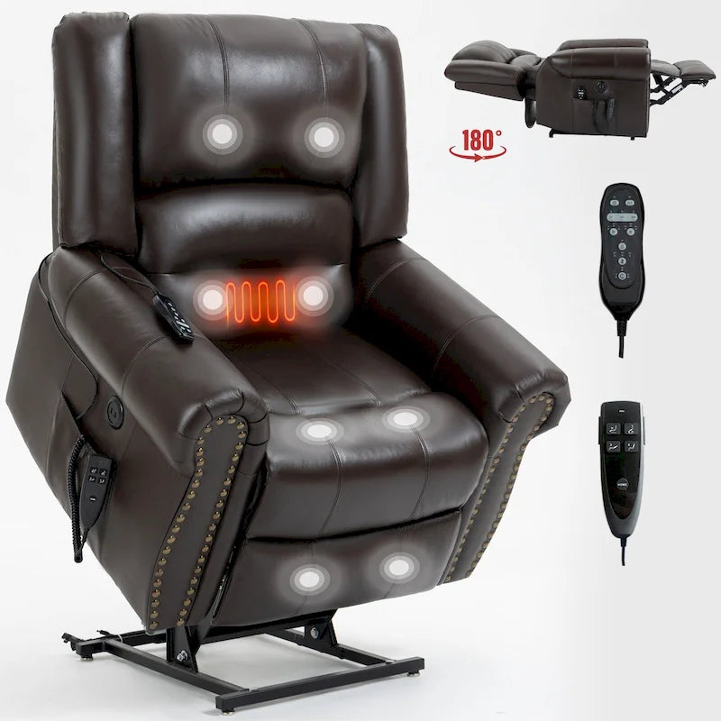 Fauteuil inclinable releveur en cuir véritable marron avec double moteur