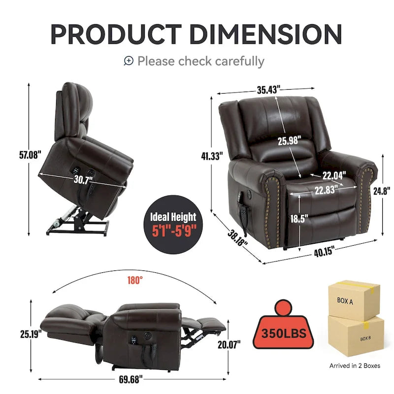 Fauteuil inclinable releveur en cuir véritable marron avec double moteur
