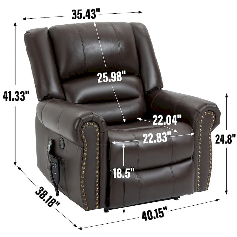 Fauteuil inclinable releveur en cuir véritable marron avec double moteur