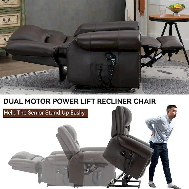 Fauteuil inclinable releveur en cuir véritable marron avec double moteur