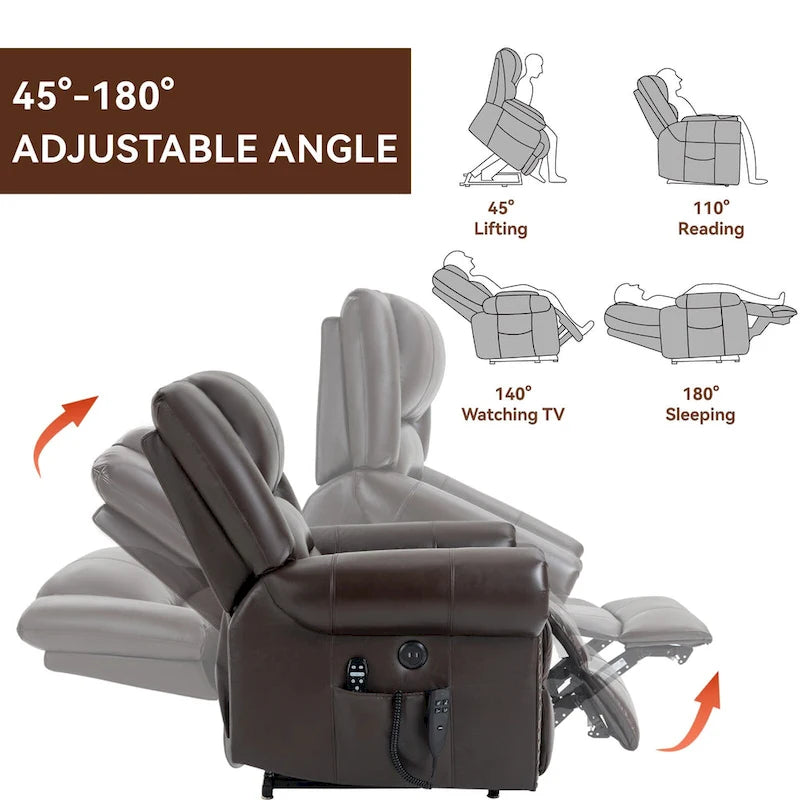 Fauteuil inclinable releveur en cuir véritable marron avec double moteur
