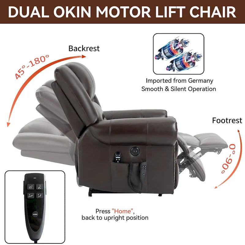 Fauteuil inclinable releveur en cuir véritable marron avec double moteur
