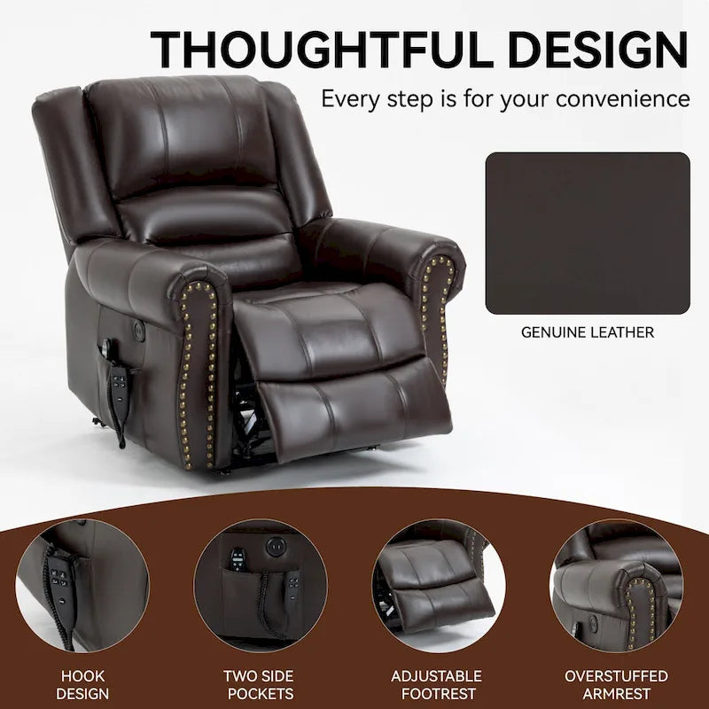 Fauteuil inclinable releveur en cuir véritable marron avec double moteur