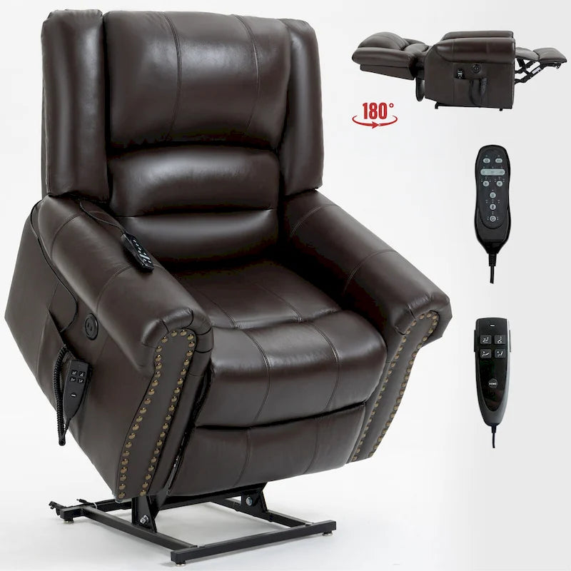 Fauteuil inclinable releveur en cuir véritable marron avec double moteur