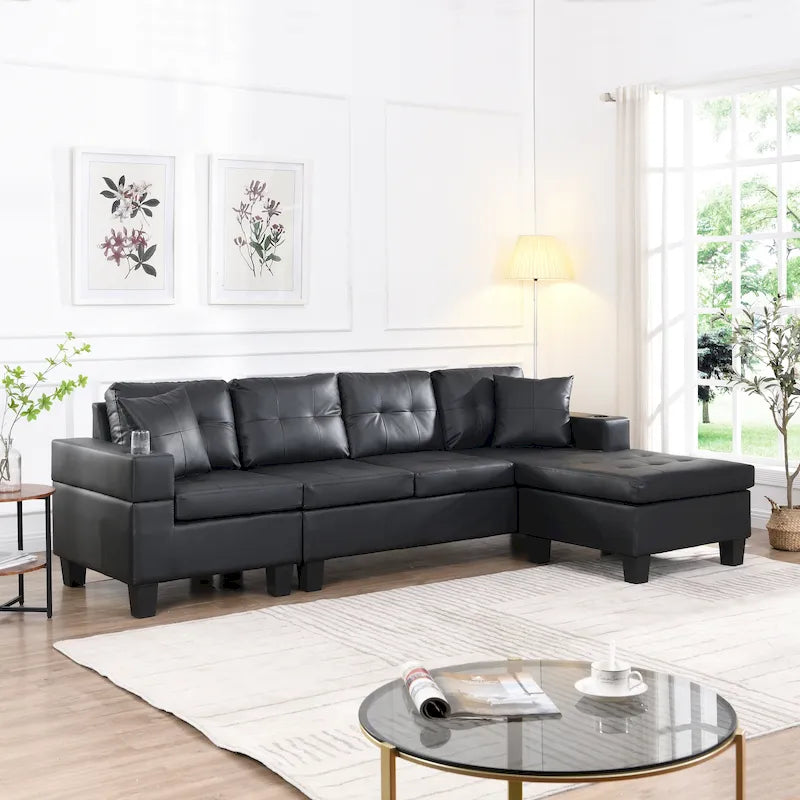 Canapé sectionnel moderne en forme de L noir 96.06 places avec méridienne, porte-gobelets et coussins décoratifs