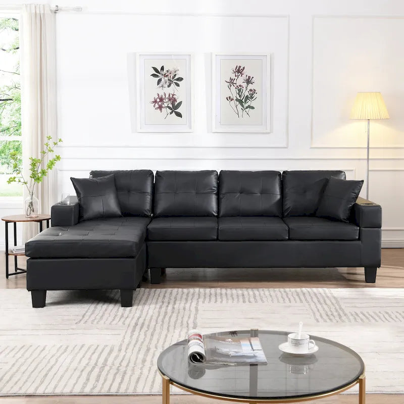 Canapé sectionnel moderne en forme de L noir 96.06 places avec méridienne, porte-gobelets et coussins décoratifs