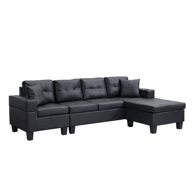 Canapé sectionnel moderne en forme de L noir 96.06 places avec méridienne, porte-gobelets et coussins décoratifs