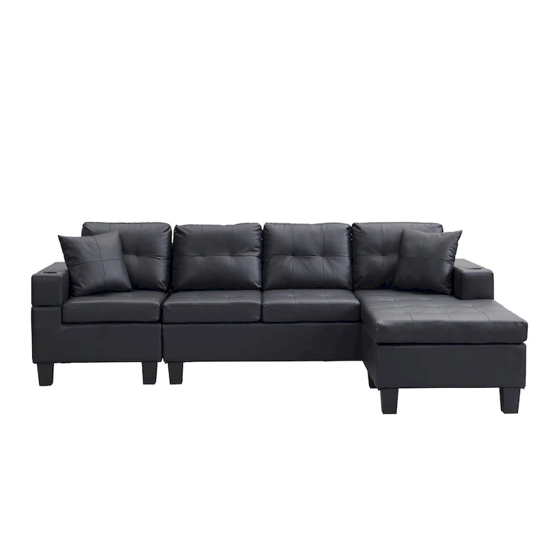 Canapé sectionnel moderne en forme de L noir 96.06 places avec méridienne, porte-gobelets et coussins décoratifs