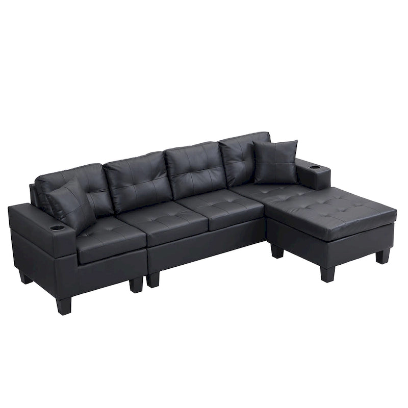 Canapé sectionnel moderne en forme de L noir 96.06 places avec méridienne, porte-gobelets et coussins décoratifs