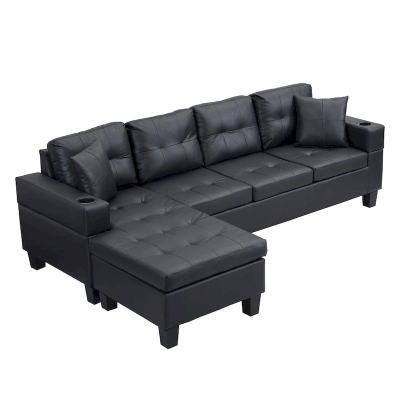 Canapé sectionnel moderne en forme de L noir 96.06 places avec méridienne, porte-gobelets et coussins décoratifs