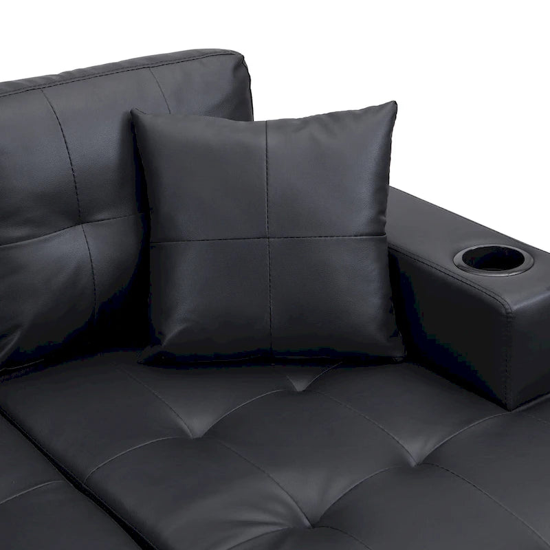 Canapé sectionnel moderne en forme de L noir 96.06 places avec méridienne, porte-gobelets et coussins décoratifs