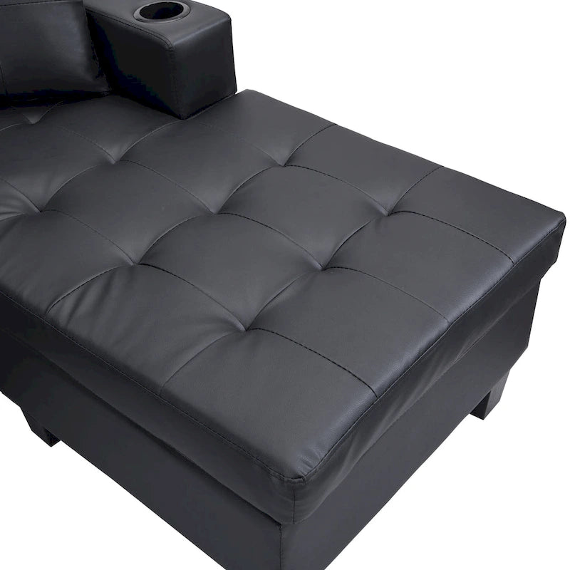 Canapé sectionnel moderne en forme de L noir 96.06 places avec méridienne, porte-gobelets et coussins décoratifs