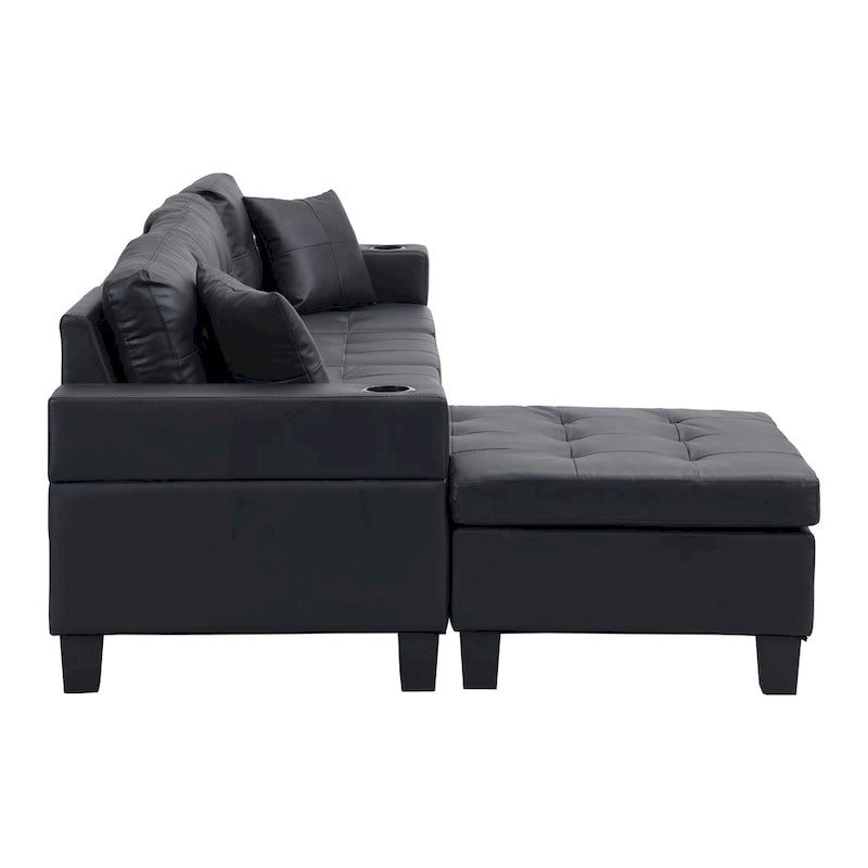 Canapé sectionnel moderne en forme de L noir 96.06 places avec méridienne, porte-gobelets et coussins décoratifs