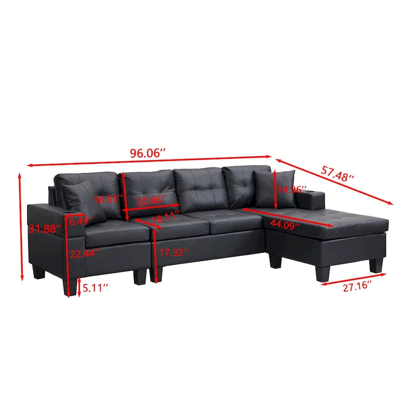 Canapé sectionnel moderne en forme de L noir 96.06 places avec méridienne, porte-gobelets et coussins décoratifs