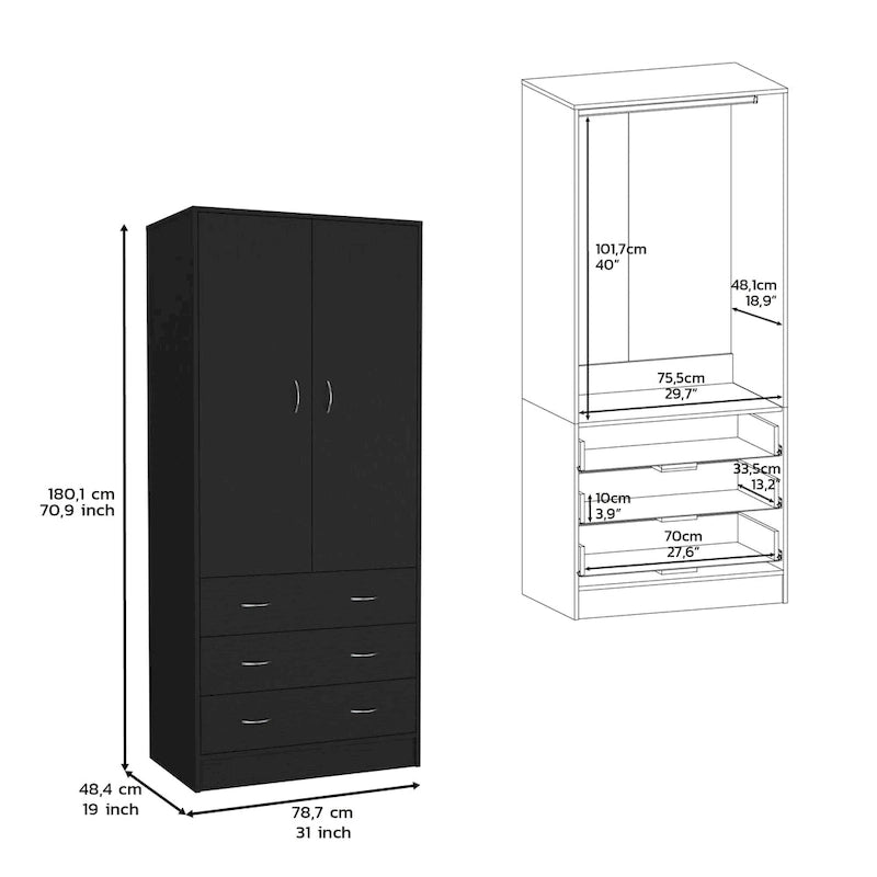 Grande Armoire Moderne à Deux Portes avec 3 Tiroirs et 1 Tringle pour Chambre à Coucher
