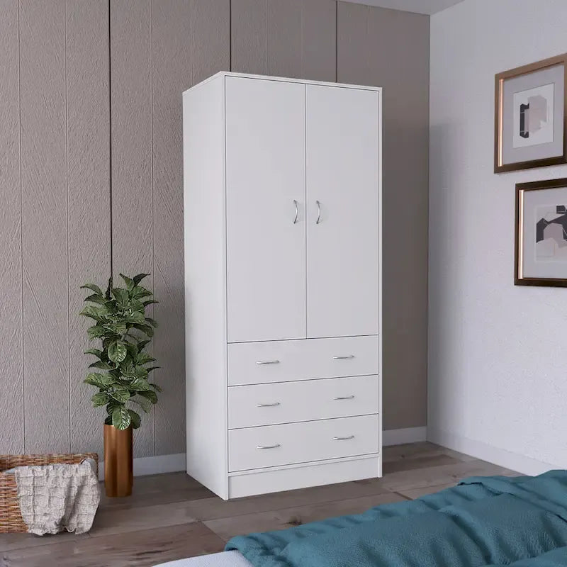 Grande Armoire Moderne à Deux Portes avec 3 Tiroirs et 1 Tringle pour Chambre à Coucher