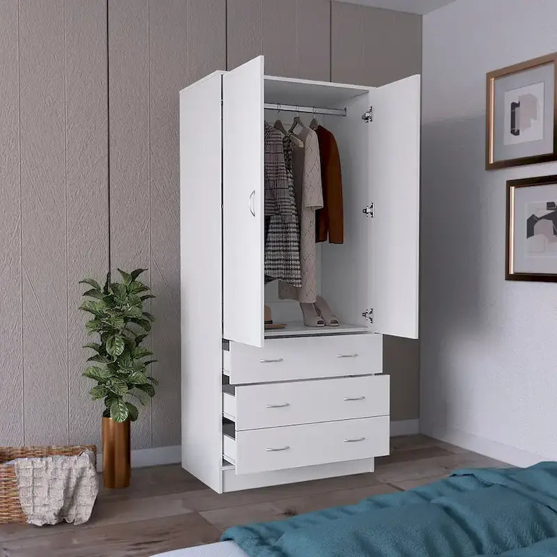 Grande Armoire Moderne à Deux Portes avec 3 Tiroirs et 1 Tringle pour Chambre à Coucher