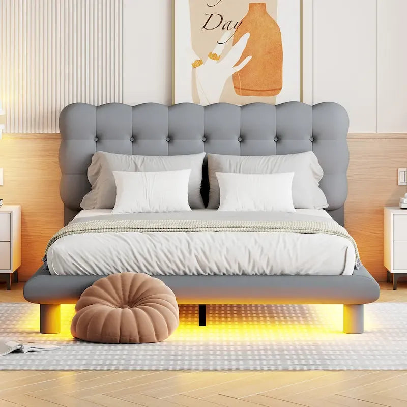 Cadre de lit plateforme capitonné en velours avec éclairage LED et tête de lit capitonnée