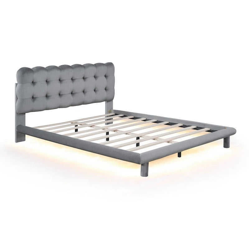 Cadre de lit plateforme capitonné en velours avec éclairage LED et tête de lit capitonnée