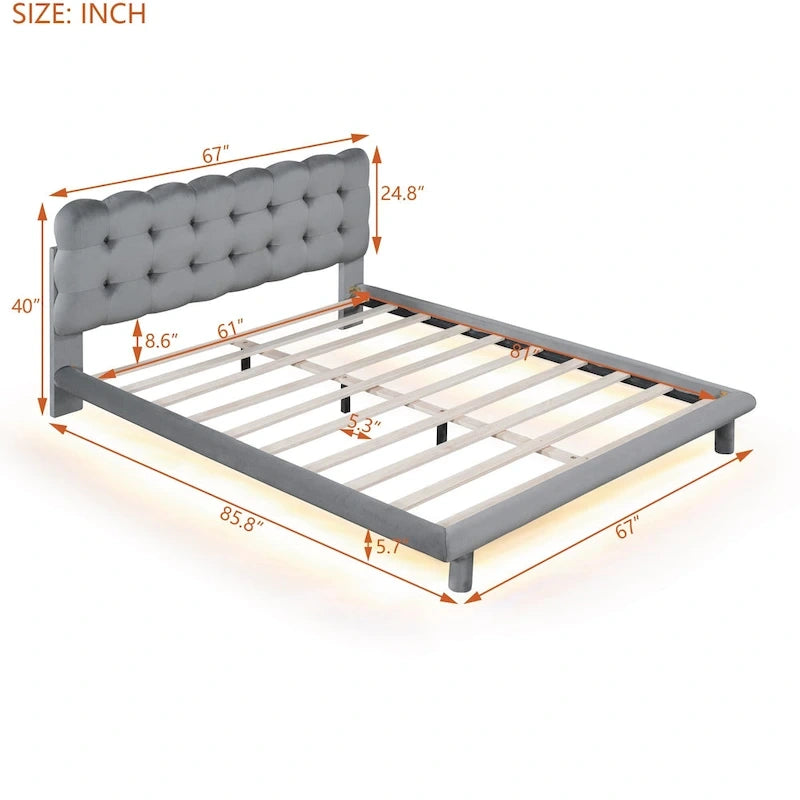 Cadre de lit plateforme capitonné en velours avec éclairage LED et tête de lit capitonnée