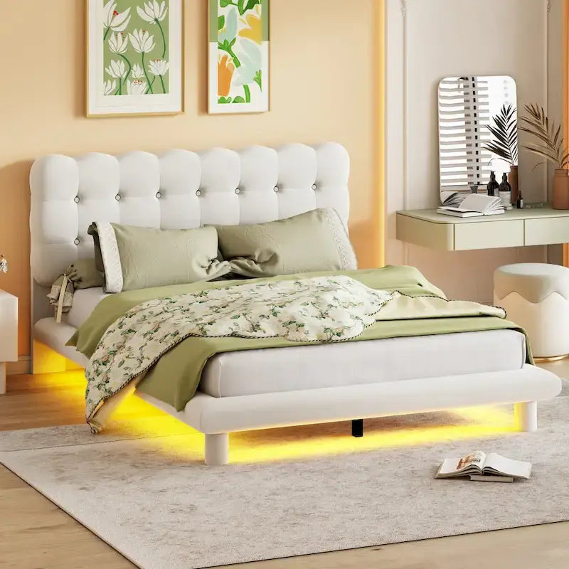 Cadre de lit plateforme capitonné en velours avec éclairage LED et tête de lit capitonnée