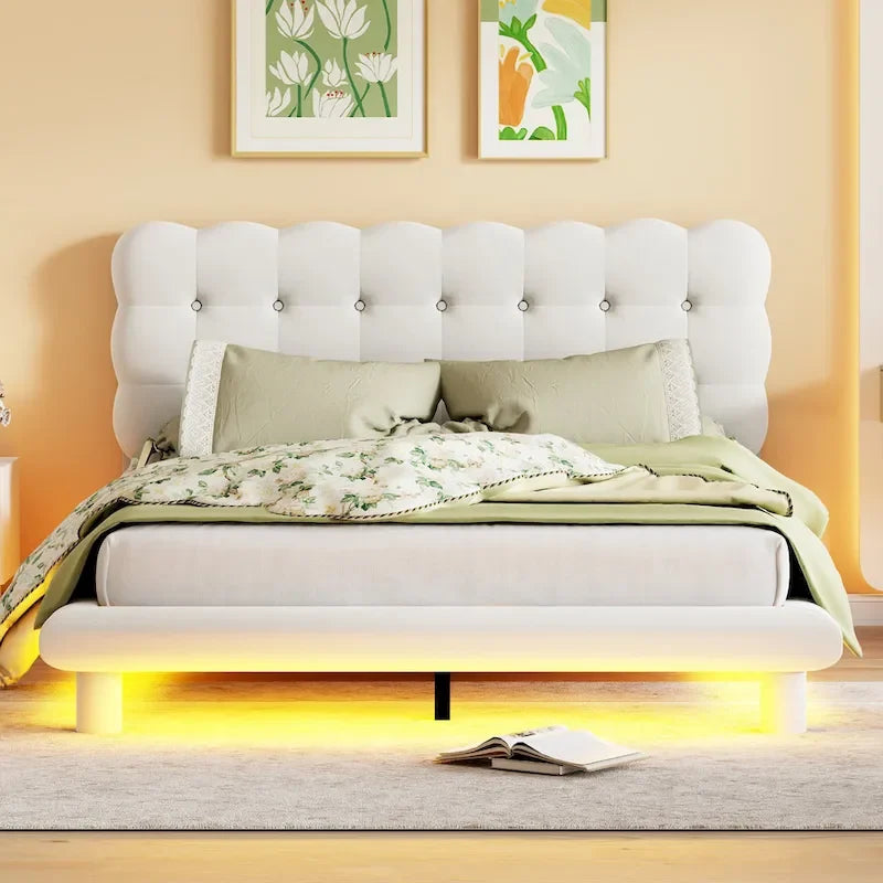 Cadre de lit plateforme capitonné en velours avec éclairage LED et tête de lit capitonnée
