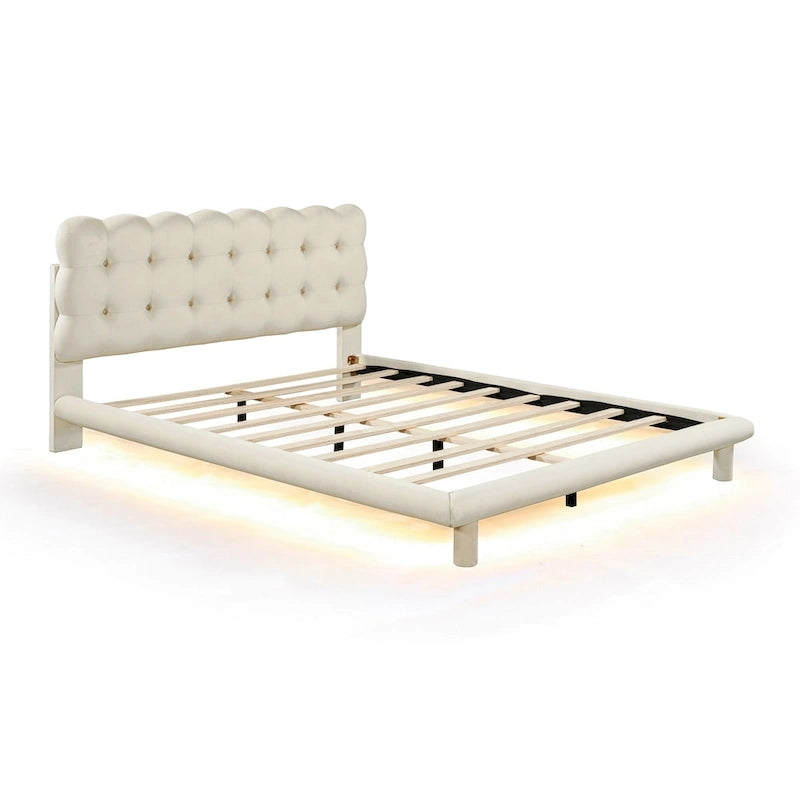 Cadre de lit plateforme capitonné en velours avec éclairage LED et tête de lit capitonnée