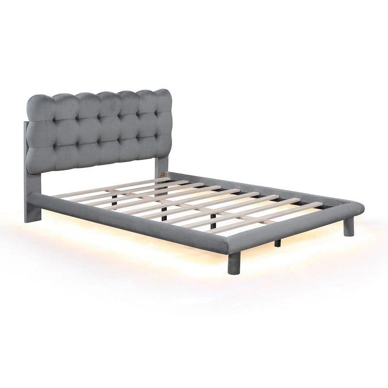 Cadre de lit plateforme capitonné en velours avec éclairage LED et tête de lit capitonnée