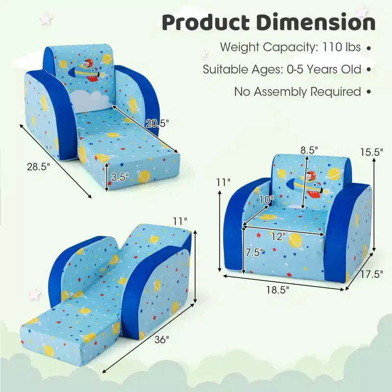 Costway Canapé 3-en-1 Convertible pour Enfants Lit de Repos Pliant Multifonctionnel Fauteuil