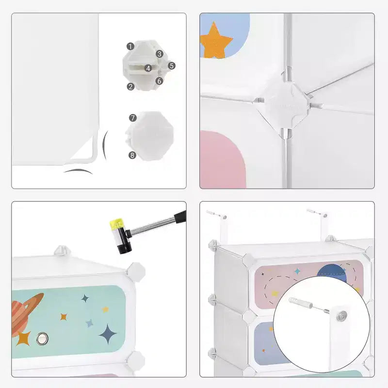 SONGMICS Organiseur de Rangement Empilable 6 Cubes, Armoire en Plastique, Étagère à Chaussures pour Enfants avec Portes, Blanc